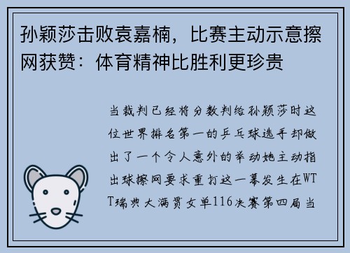 孙颖莎击败袁嘉楠，比赛主动示意擦网获赞：体育精神比胜利更珍贵